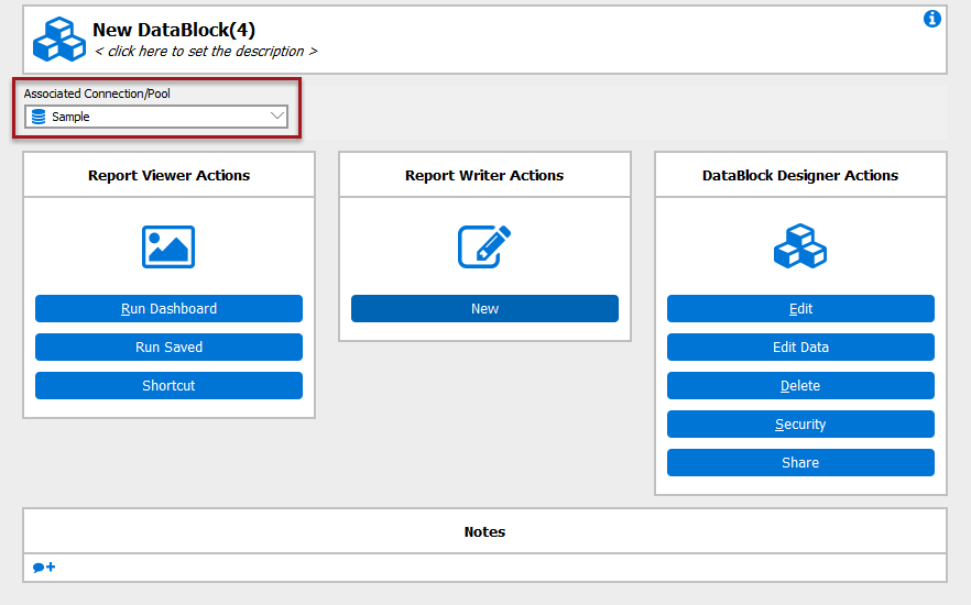 The action area of the new datablock with teh connection selected in the upper left corner of the screen.